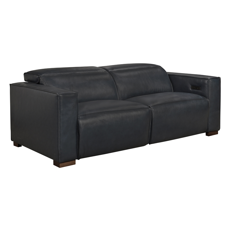 Pemberly Row Full-Leather Power Reclining Sofa in Blue with Brown Legs