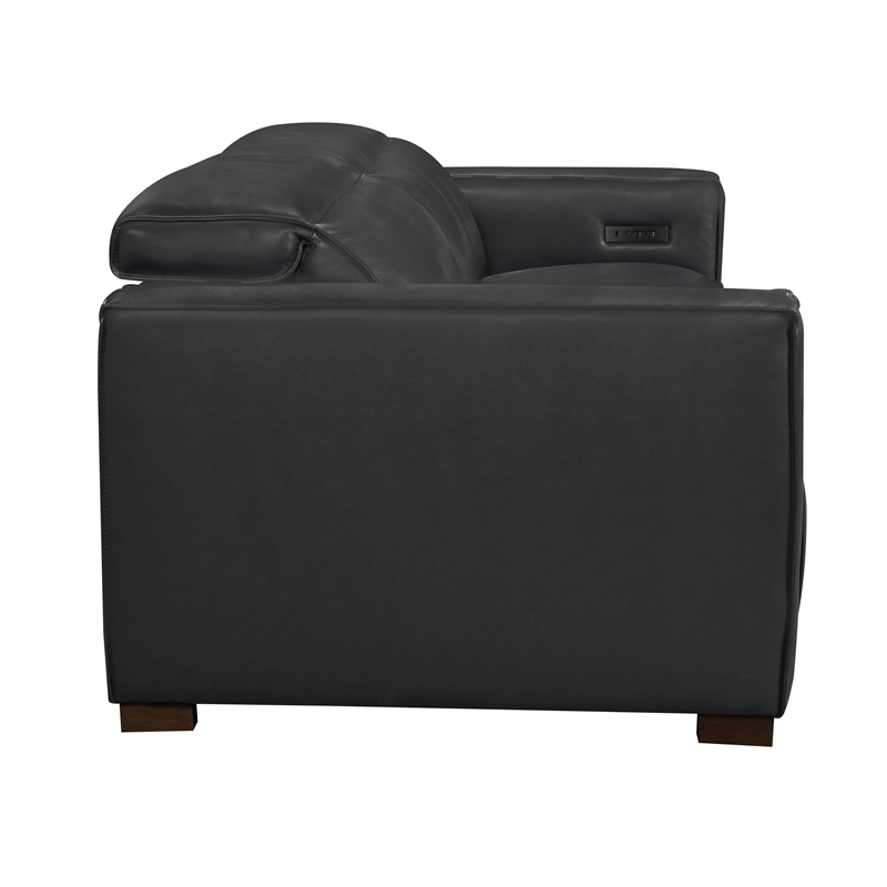 Pemberly Row Full-Leather Power Reclining Sofa in Blue with Brown Legs