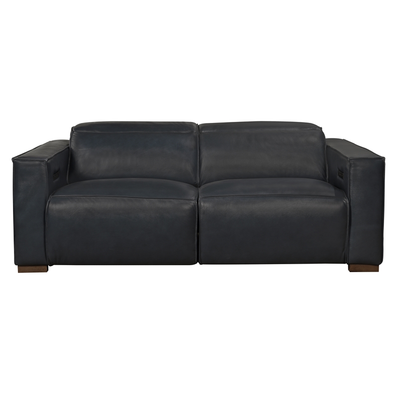 Pemberly Row Full-Leather Power Reclining Sofa in Blue with Brown Legs