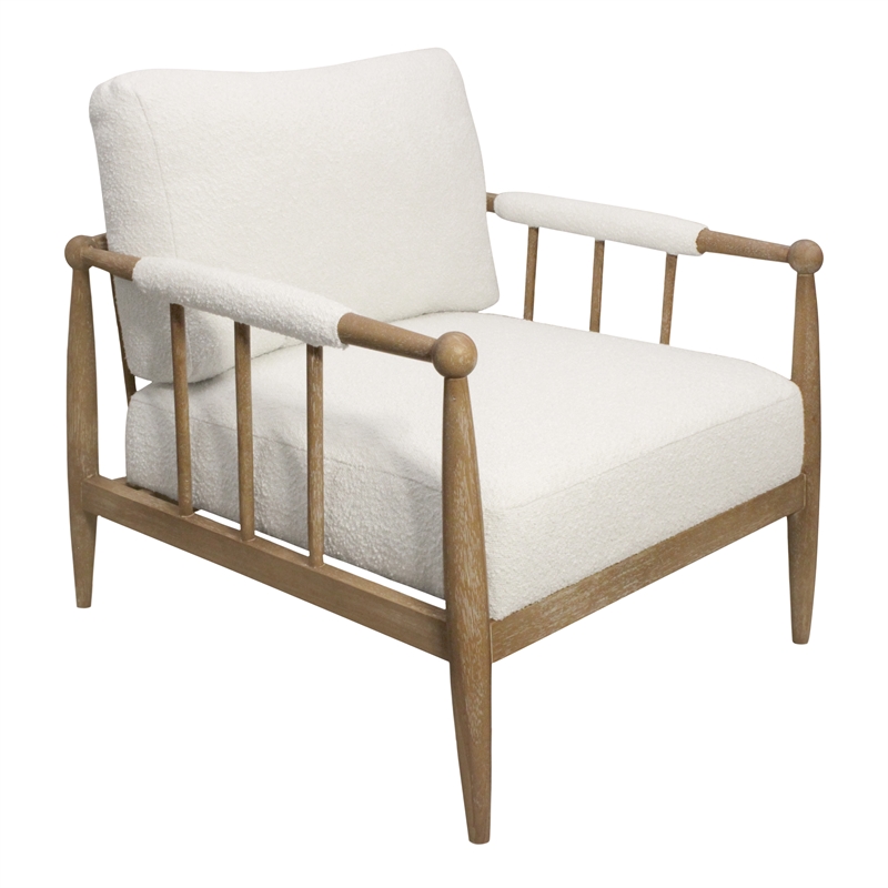 Pemberly Row Mid-Century Boucle Lounge Chair in Ivory on Natural Solid Wood