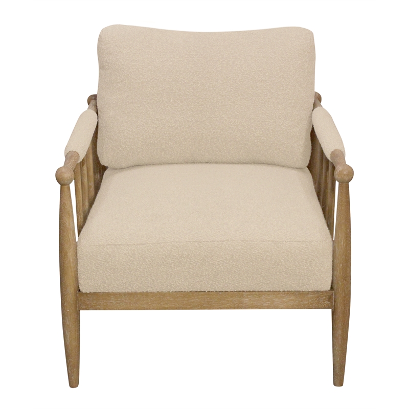 Pemberly Row Mid-Century Boucle Lounge Chair in Beige on Natural Solid Wood