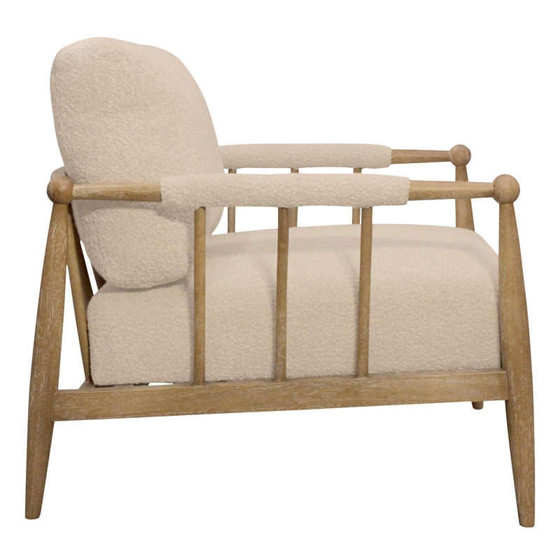 Pemberly Row Mid-Century Boucle Lounge Chair in Beige on Natural Solid Wood