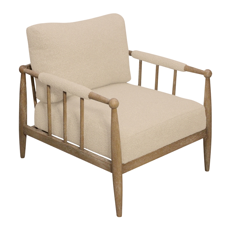 Pemberly Row Mid-Century Boucle Lounge Chair in Beige on Natural Solid Wood