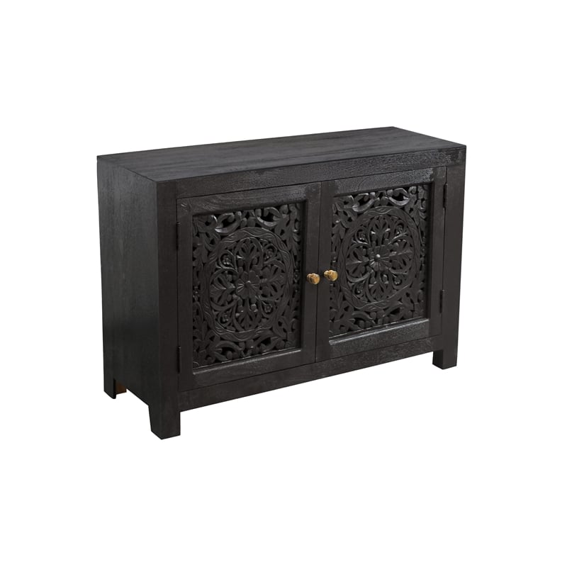 Pemberly Row Hand-Carved 2-Door Solid Mango Wood Sideboard in Charcoal Gray