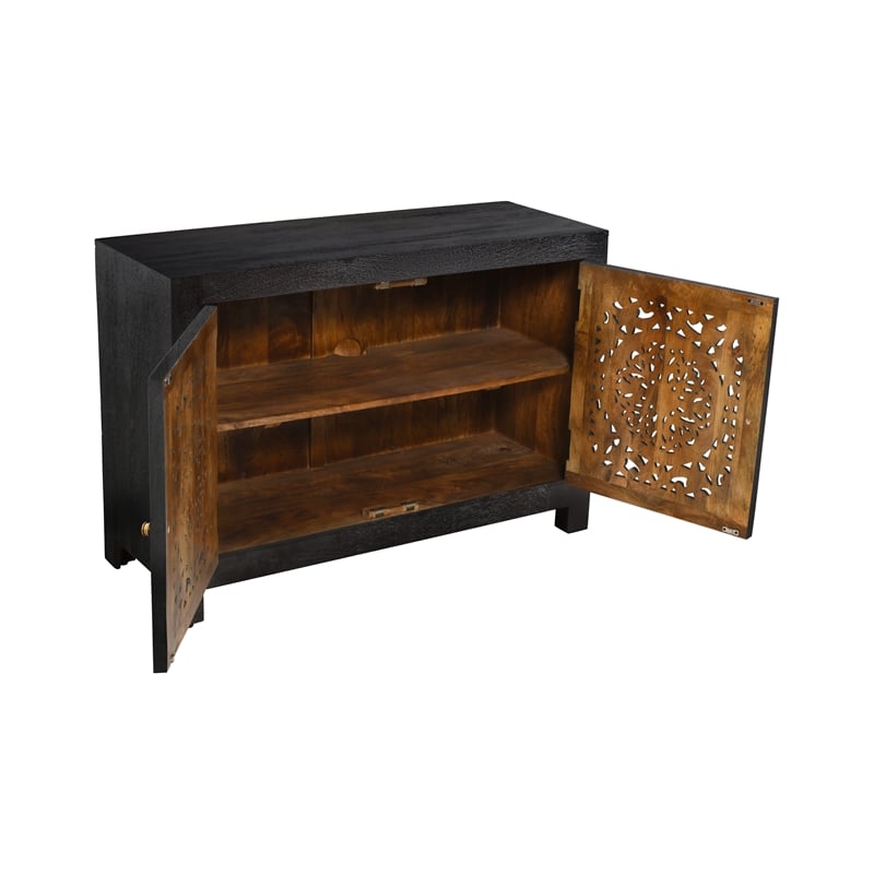 Pemberly Row Hand-Carved 2-Door Solid Mango Wood Sideboard in Charcoal Gray