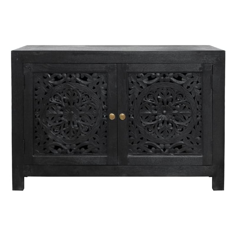 Pemberly Row Hand-Carved 2-Door Solid Mango Wood Sideboard in Charcoal Gray