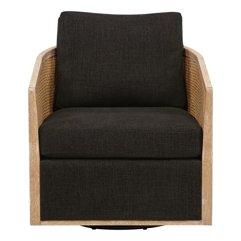 Pemberly Row Rattan Swivel Chair in Ebony Linen with Solid Wood Trim