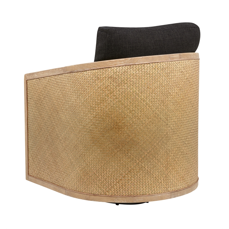 Pemberly Row Rattan Swivel Chair in Ebony Linen with Solid Wood Trim