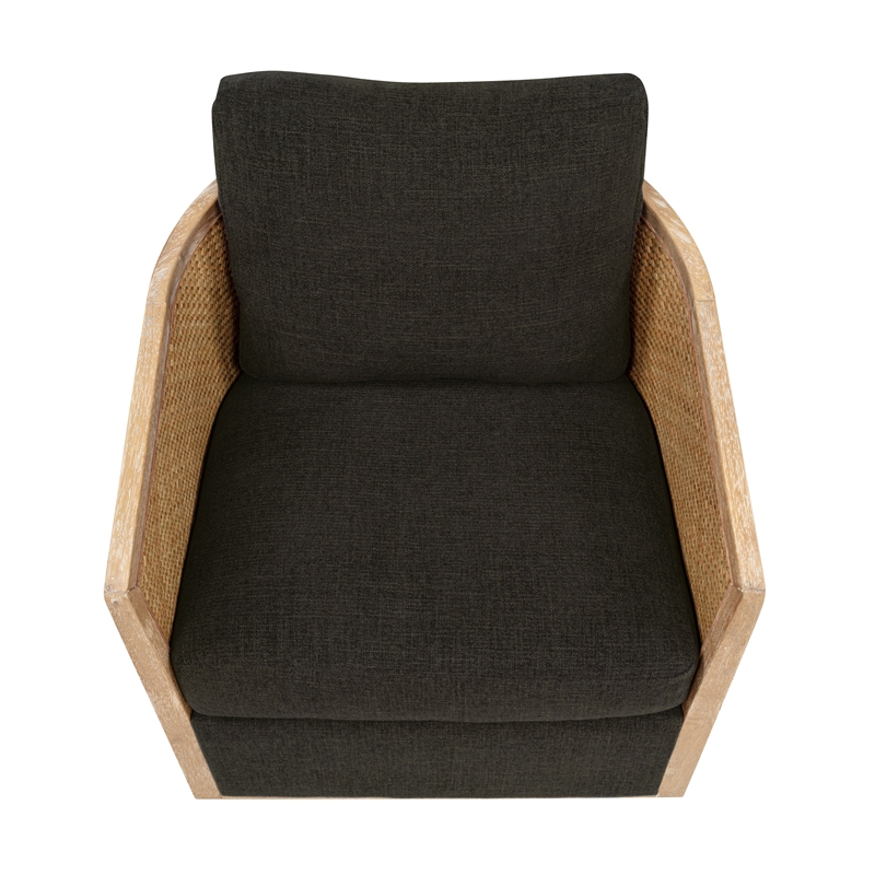 Pemberly Row Rattan Swivel Chair in Ebony Linen with Solid Wood Trim