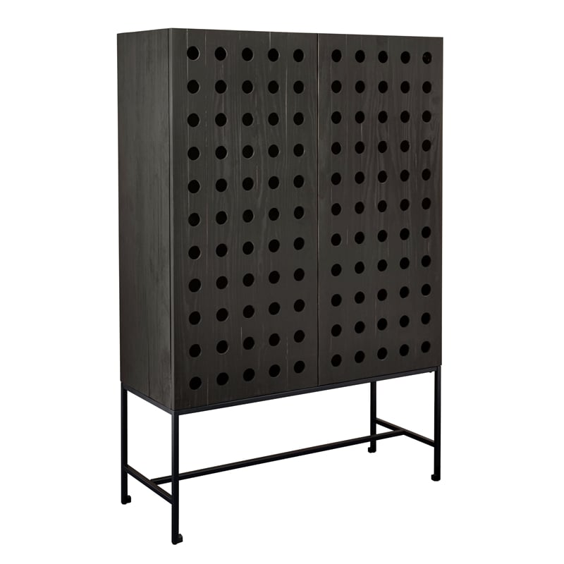 Pemberly Row Recycled Pine 2-Door Tall Cabinet in Antique Black with Iron Base