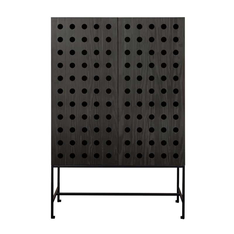 Pemberly Row Recycled Pine 2-Door Tall Cabinet in Antique Black with Iron Base