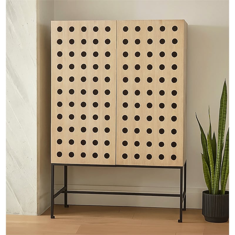 Pemberly Row Recycled Pine 2-Door Tall Cabinet in Sand Oak with Iron Base