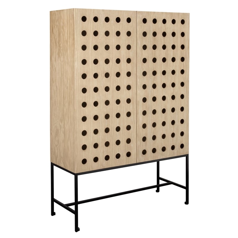 Pemberly Row Recycled Pine 2-Door Tall Cabinet in Sand Oak with Iron Base