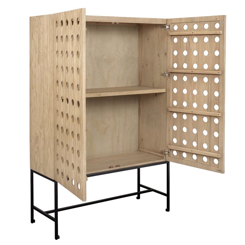 Pemberly Row Recycled Pine 2-Door Tall Cabinet in Sand Oak with Iron Base