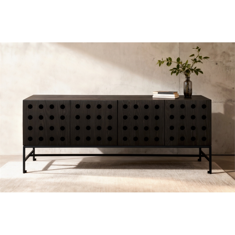 Pemberly Row Recycled Pine 4-Door Sideboard in Antique Black with Iron Base