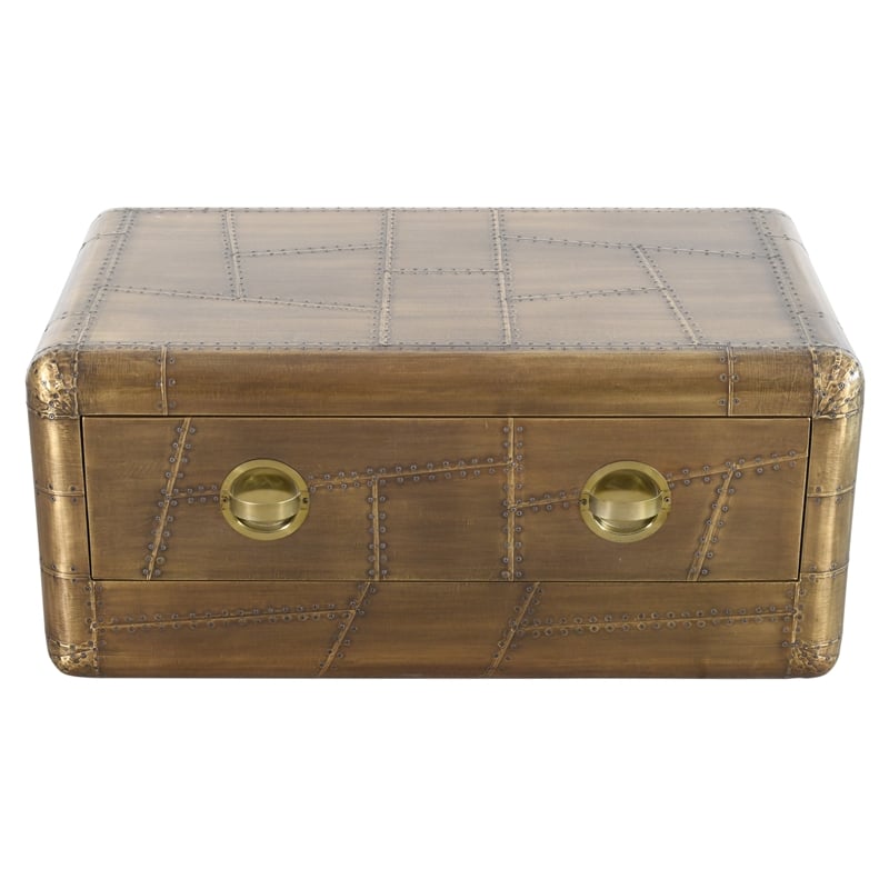 Pemberly Row Solid Wood and Aluminum Cocktail Table in Brass with Drawer