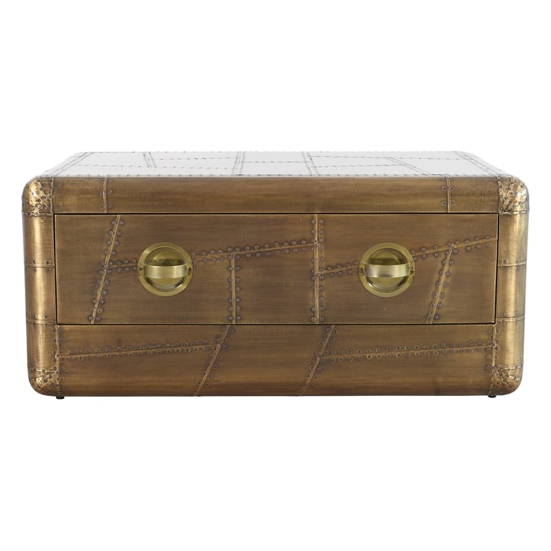 Pemberly Row Solid Wood and Aluminum Cocktail Table in Brass with Drawer