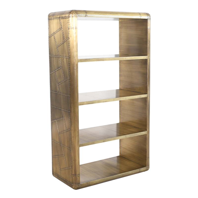 Pemberly Row Solid Wood and Aluminum 4-Shelf Bookcase in Brass Finish