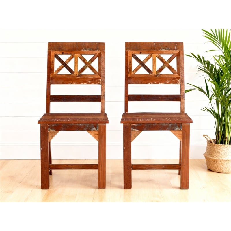 Pemberly Row Set of 2 Reclaimed Wood Dining Chairs in Natural Brown