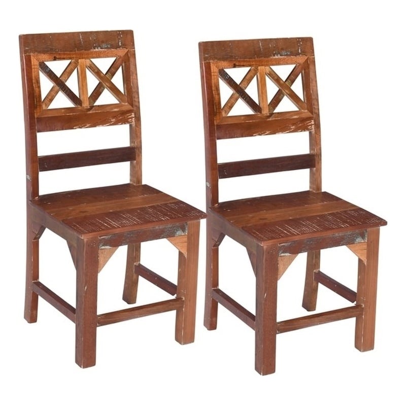 Pemberly Row Set of 2 Reclaimed Wood Dining Chairs in Natural Brown