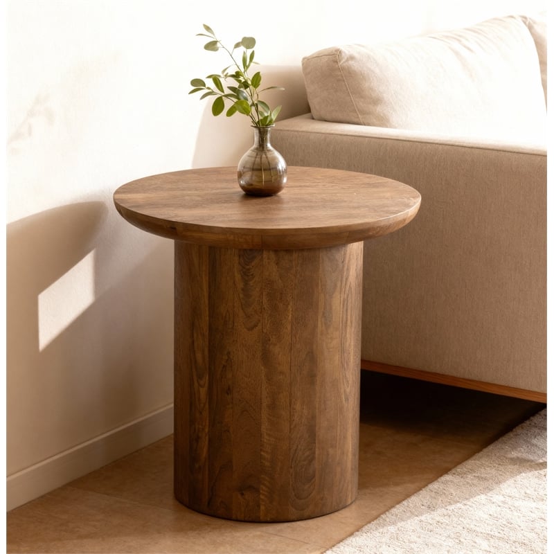 Pemberly Row Contemporary Solid Mango Wood Round End Table in Spice Tan