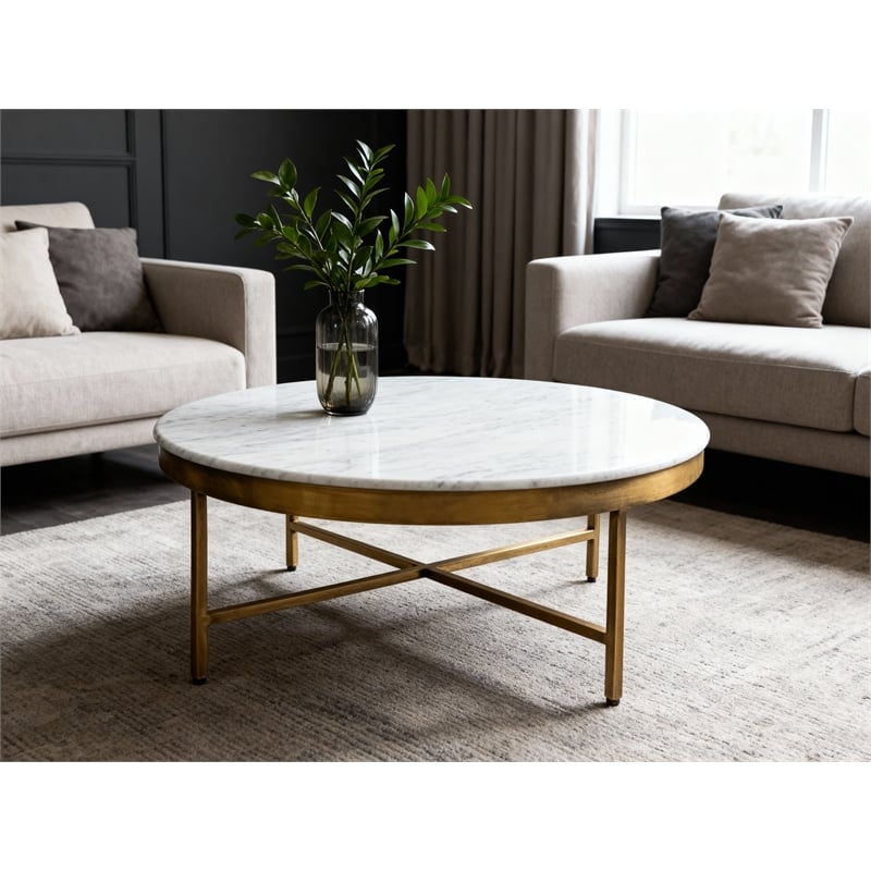 Pemberly Row Ivory Marble Top Round Coffee Table on Brass Iron Base