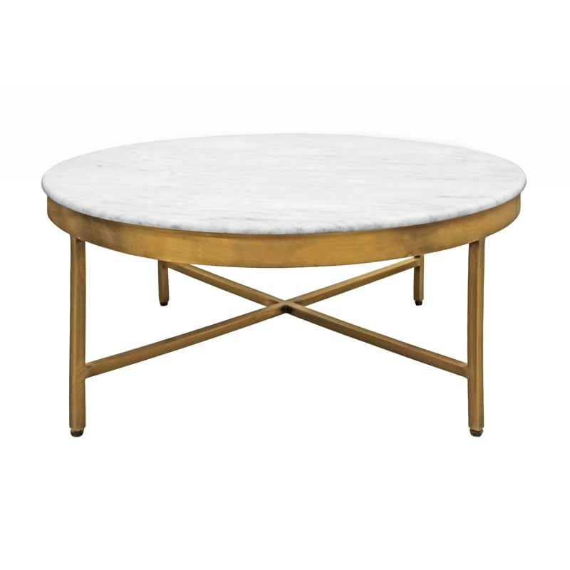 Pemberly Row Ivory Marble Top Round Coffee Table on Brass Iron Base