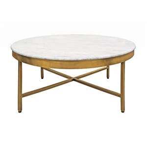 Pemberly Row Ivory Marble Top Round Coffee Table on Brass Iron Base