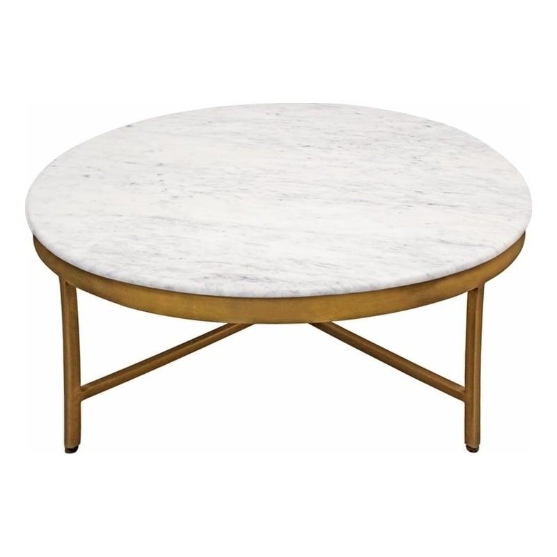 Pemberly Row Ivory Marble Top Round Coffee Table on Brass Iron Base