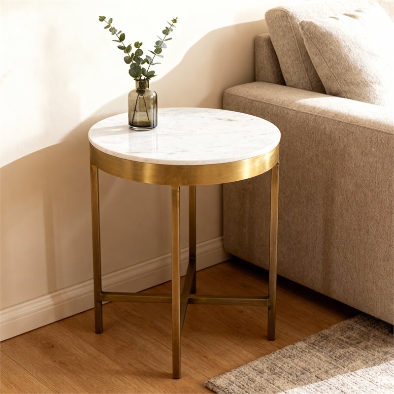Pemberly Row Ivory Marble Top Round Side Table on Brass Iron Base