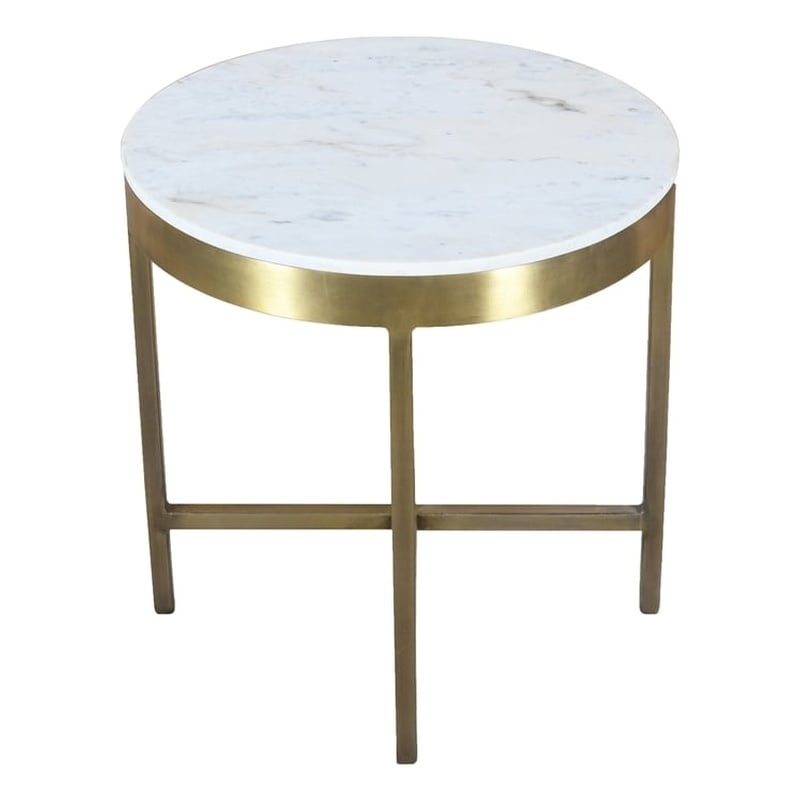 Pemberly Row Ivory Marble Top Round Side Table on Brass Iron Base