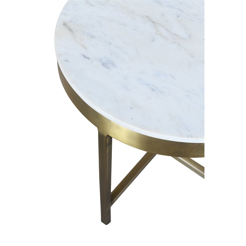 Pemberly Row Ivory Marble Top Round Side Table on Brass Iron Base