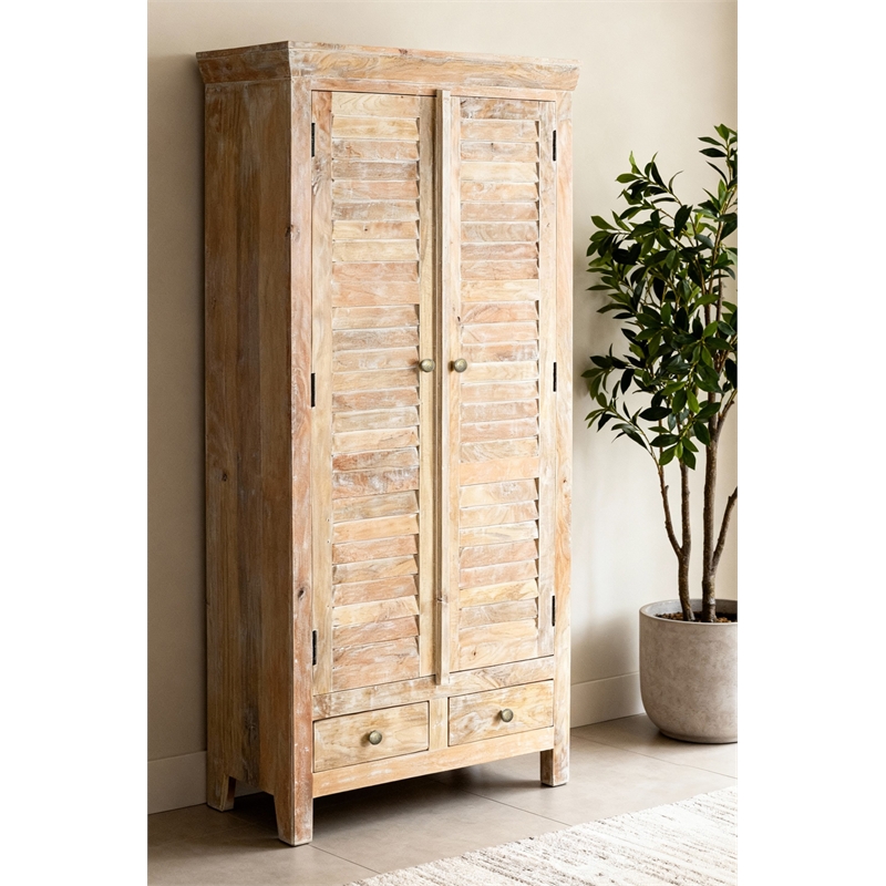 Pemberly Row Solid Wood Louvered Door Armoire in Natural Finish