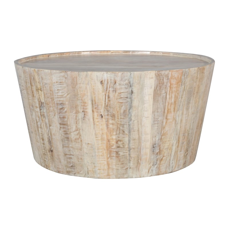 Pemberly Row Solid Mango Wood Drum Coffee Table in Natural Finish