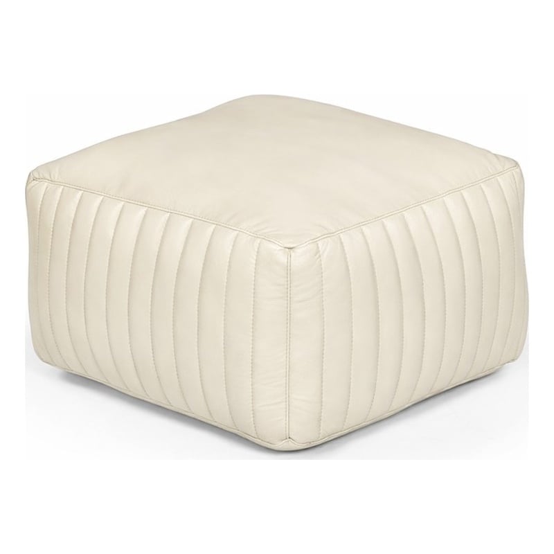 Pemberly Row Contemporary Genuine Leather Square Pouf in Ivory