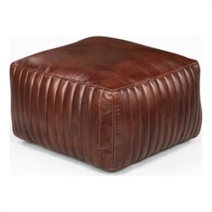 Pemberly Row Contemporary Genuine Leather Square Pouf in Burgundy