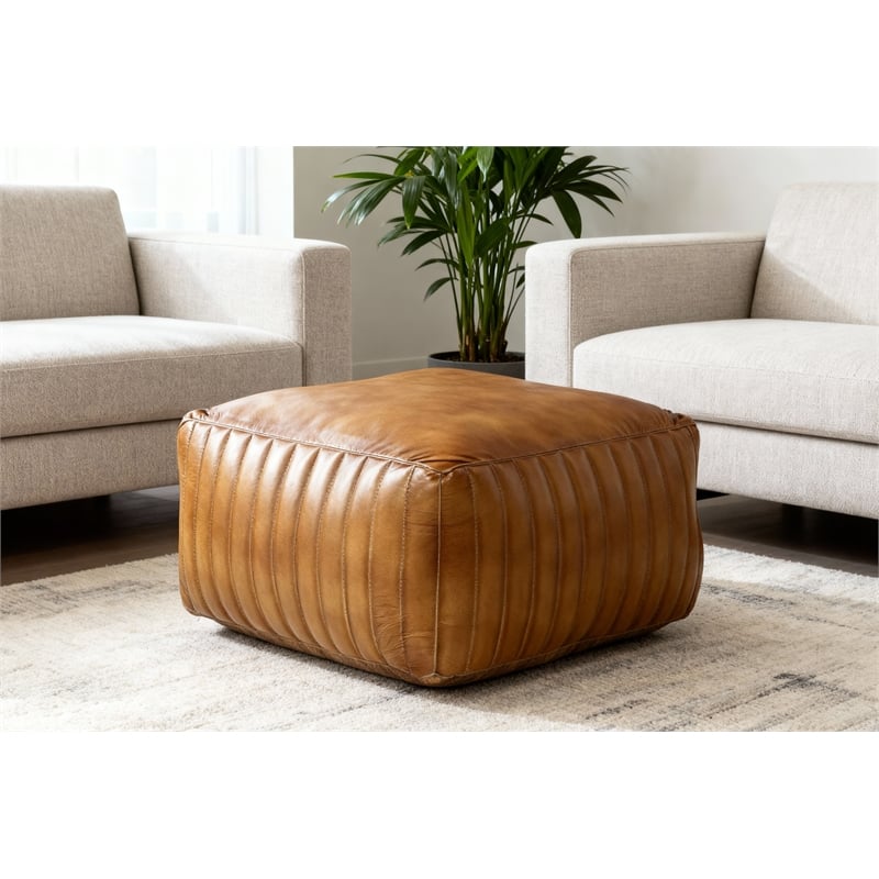 Pemberly Row Contemporary Genuine Leather Square Pouf in Caramel