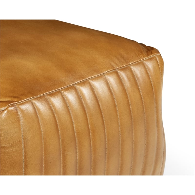Pemberly Row Contemporary Genuine Leather Square Pouf in Caramel