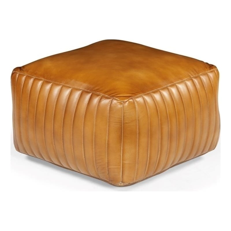Pemberly Row Contemporary Genuine Leather Square Pouf in Caramel