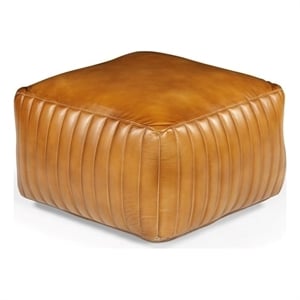 Pemberly Row Contemporary Genuine Leather Square Pouf in Caramel