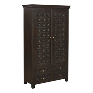 Pemberly Row Hand-Carved Solid Mango Wood Tall Cabinet in Antique Brown