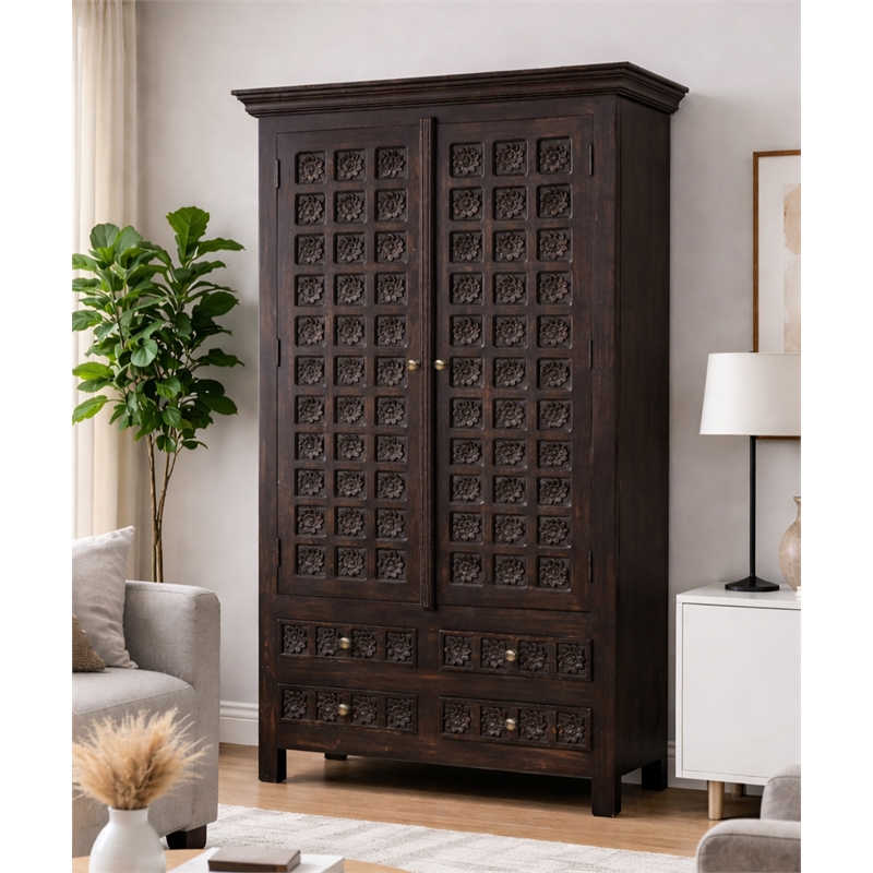 Pemberly Row Hand-Carved Solid Mango Wood Tall Cabinet in Antique Brown