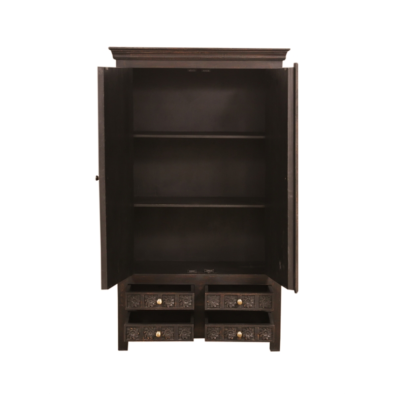 Pemberly Row Hand-Carved Solid Mango Wood Tall Cabinet in Antique Brown