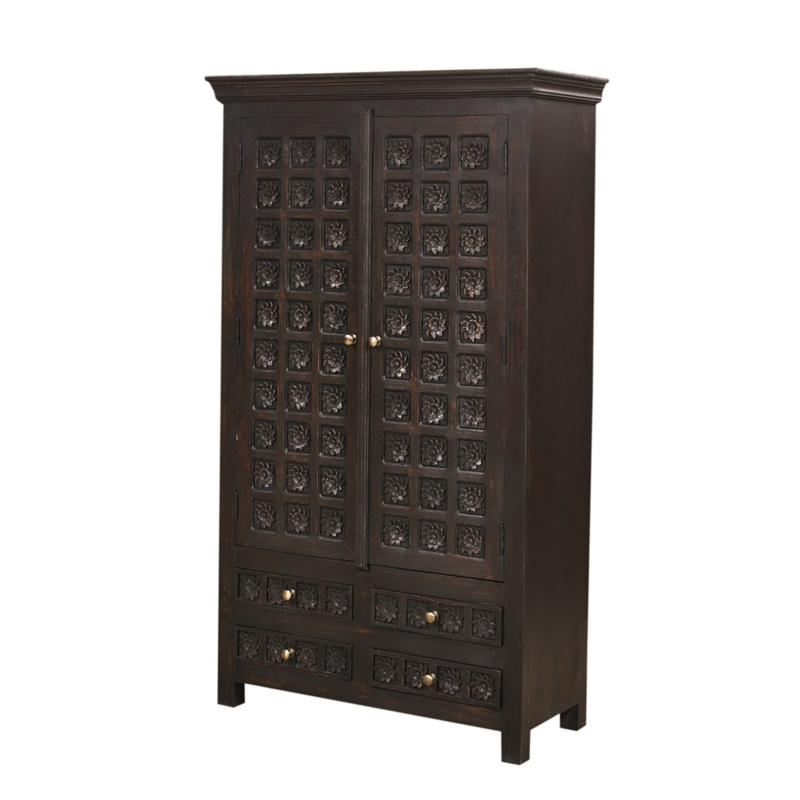 Pemberly Row Hand-Carved Solid Mango Wood Tall Cabinet in Antique Brown