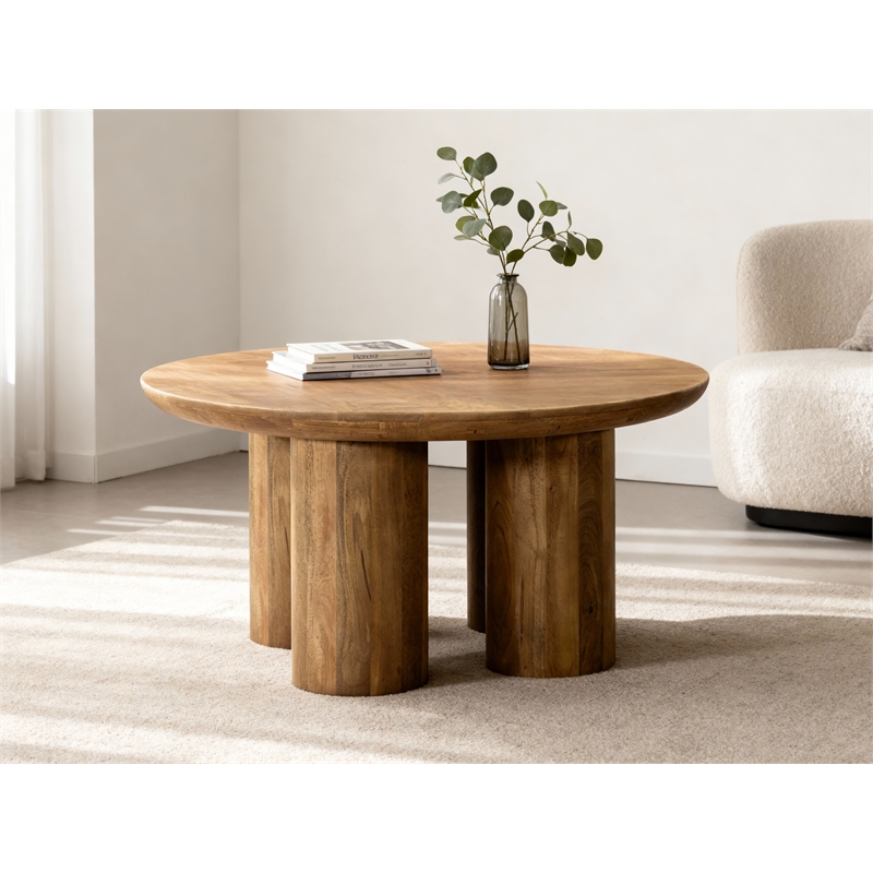 Pemberly Row Solid Mango Wood Round Coffee Table in Spice Tan