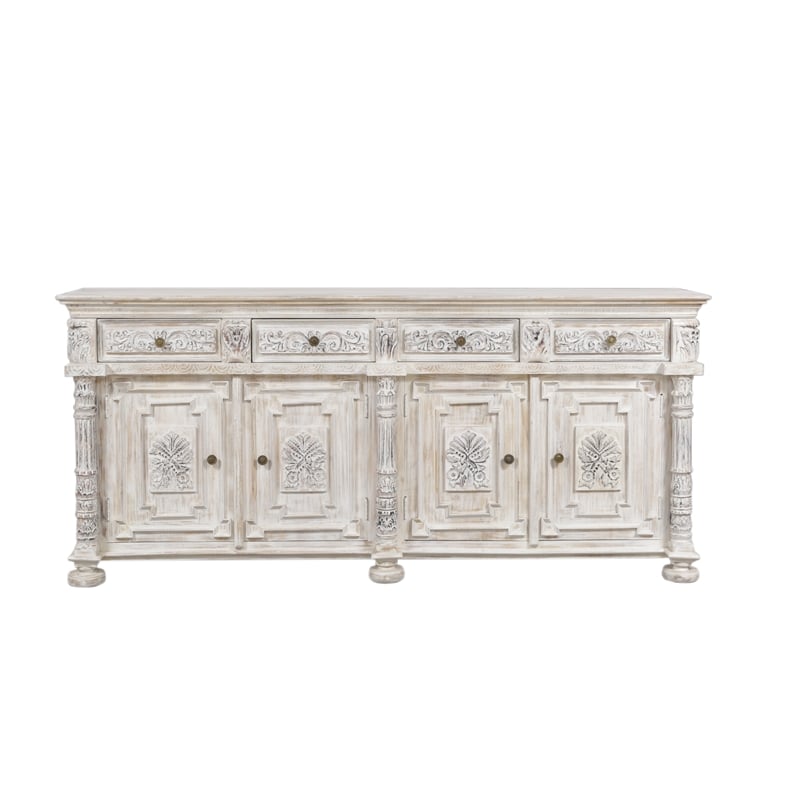 Pemberly Row Hand-Carved 4-Drawer 4-Door Solid Wood Sideboard in White