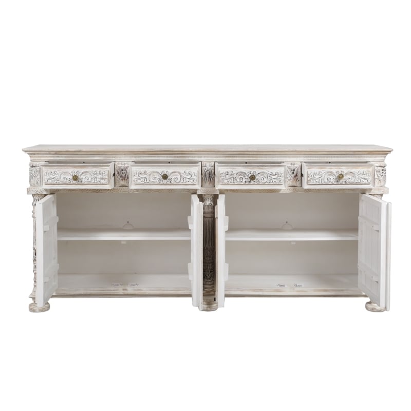 Pemberly Row Hand-Carved 4-Drawer 4-Door Solid Wood Sideboard in White