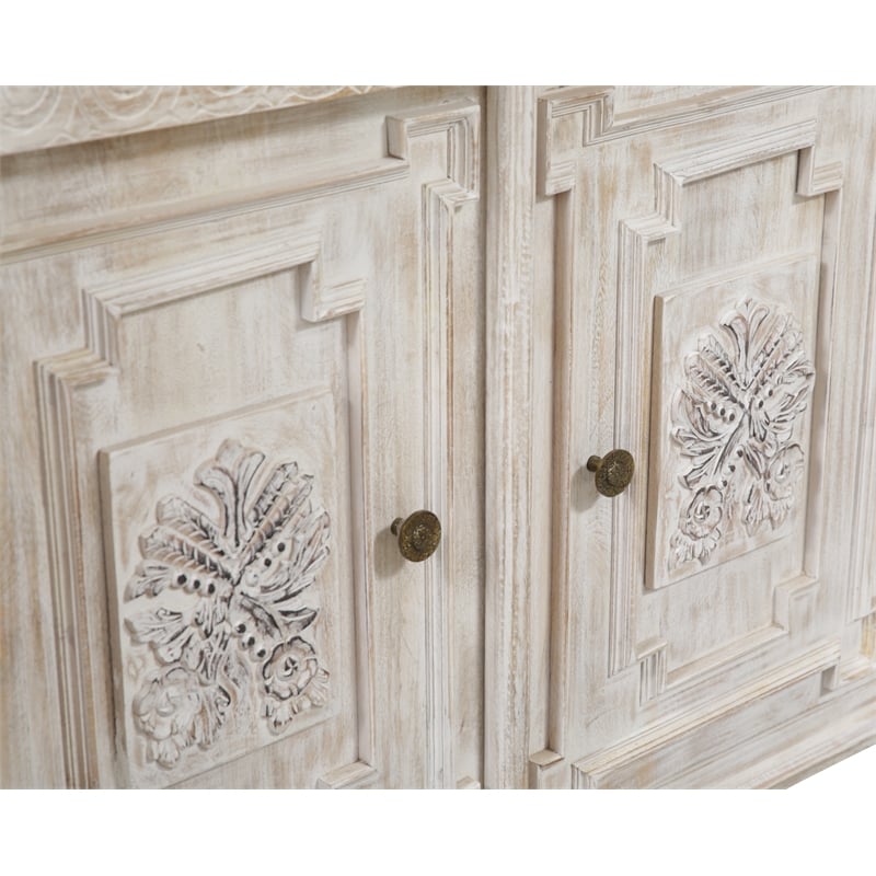 Pemberly Row Hand-Carved 4-Drawer 4-Door Solid Wood Sideboard in White