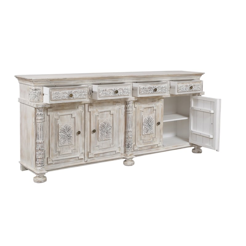 Pemberly Row Hand-Carved 4-Drawer 4-Door Solid Wood Sideboard in White