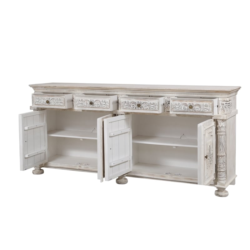 Pemberly Row Hand-Carved 4-Drawer 4-Door Solid Wood Sideboard in White